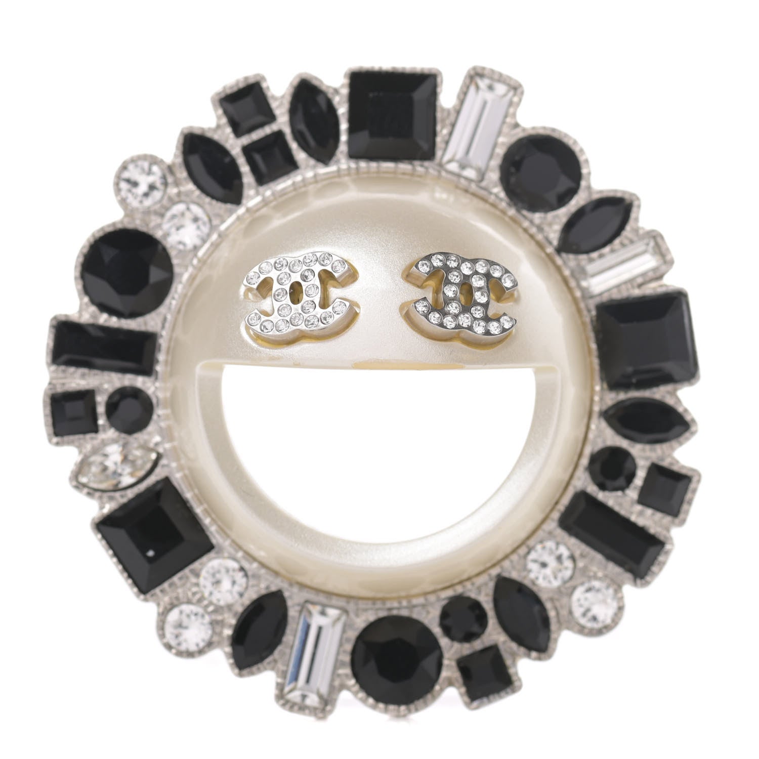 Chanel Crystal CC Smiley Emoji Brooch Silver 1 of 5