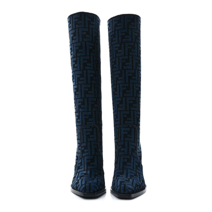 Fendi Chenille Jacquard FF 110mm Knee Boots 39.5 Black Blue 2 of 7