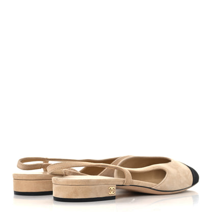 Chanel Suede Cap Toe CC Slingback Flats 37 Beige Black 5 of 9