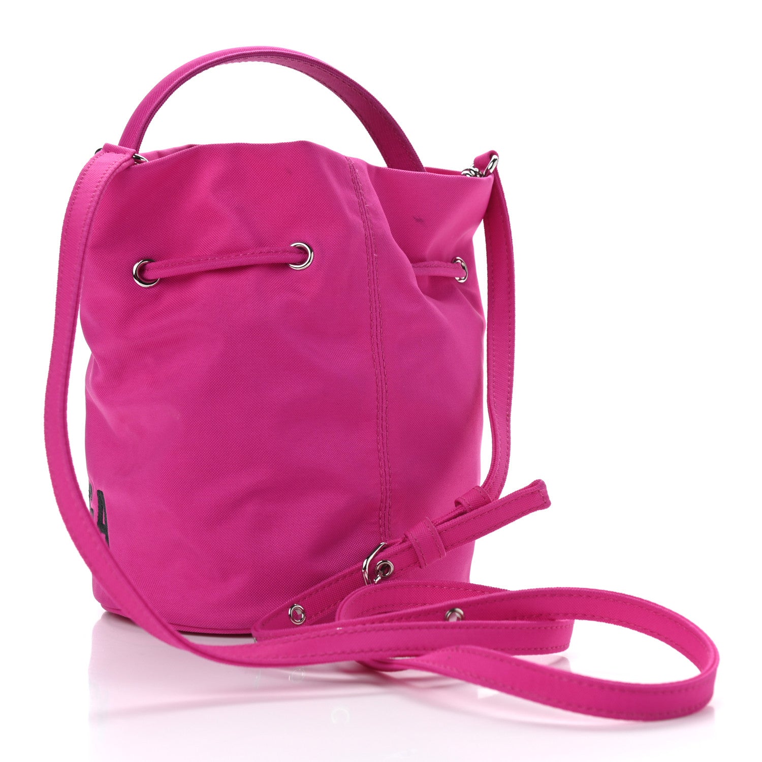 Balenciaga Recycled Sport Nylon Logo Embroidered Wheel Drawstring Bucket Bag XS Fuchsia Black 3 of 9