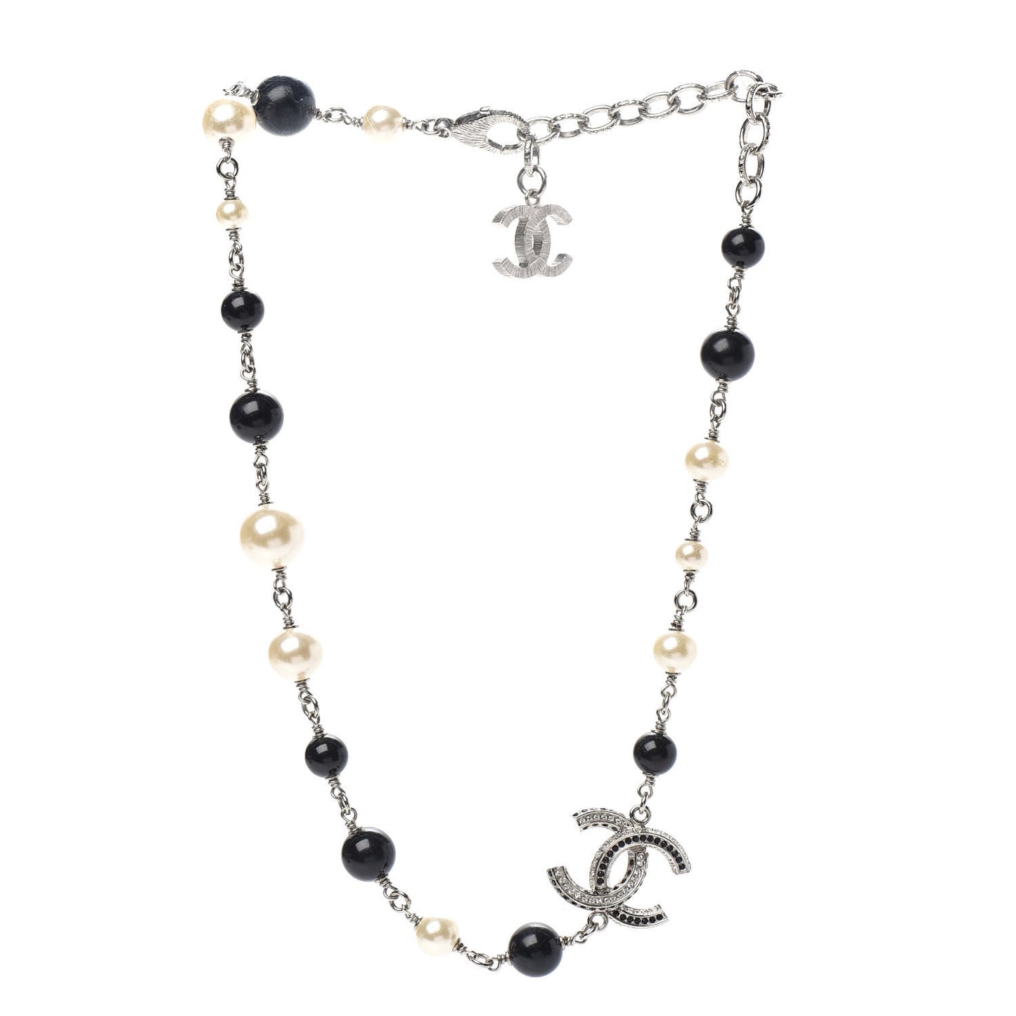 Crystal Pearl Beaded CC Short Necklace Silver Black