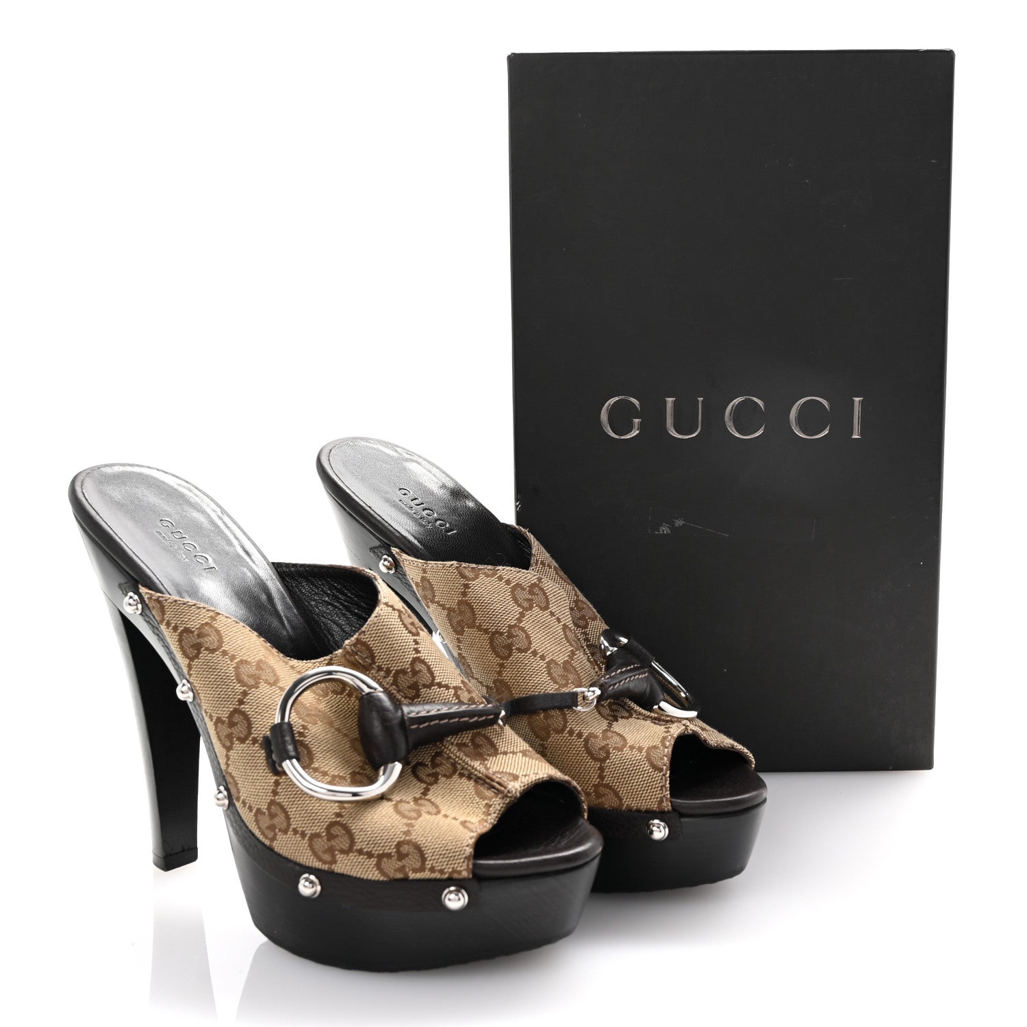 Gucci Monogram Cellarius Soft Calfskin Icon Bit Platform Clog High Heel Slide Sandals 38.5 Beige Ebony Cocoa 10 of 10