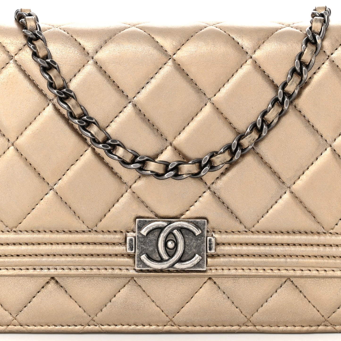 Metallic Calfskin Quilted Boy Wallet On Chain WOC Gold