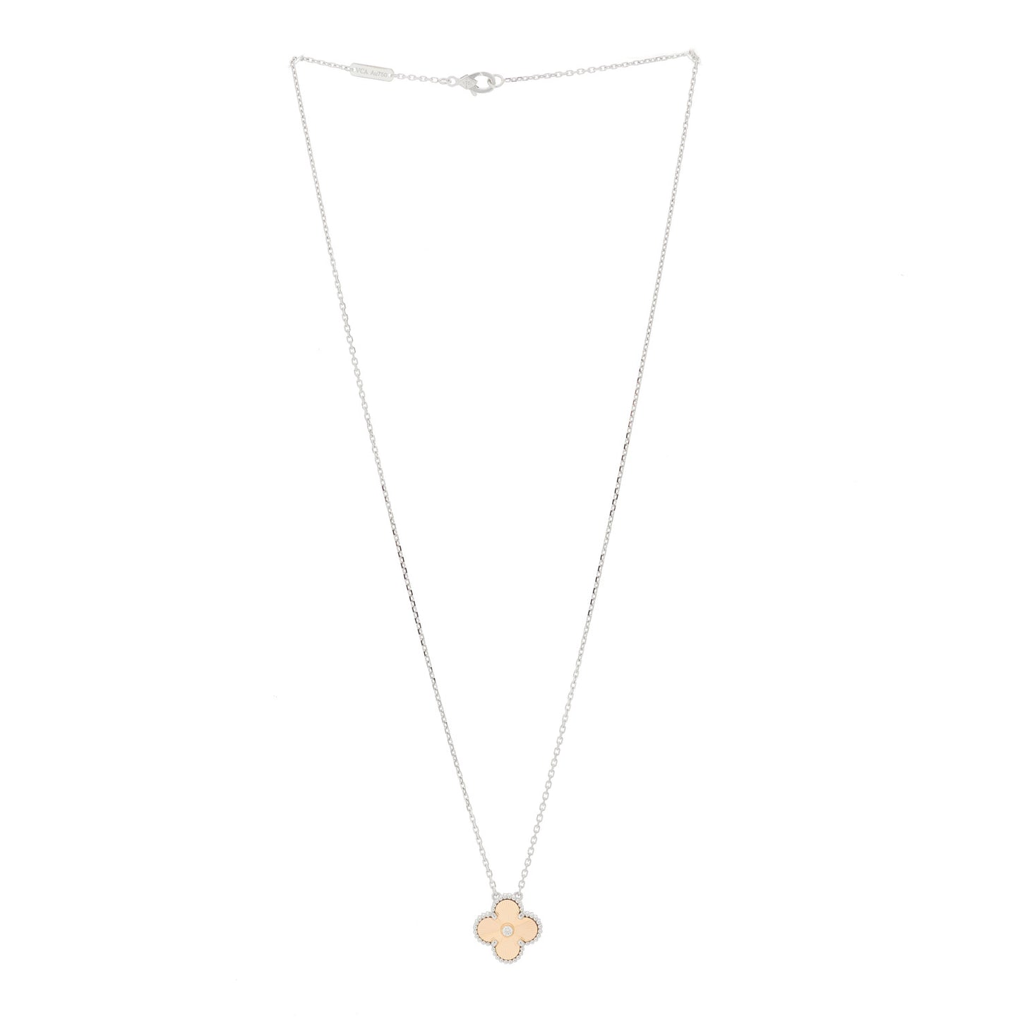 18K White Rose Gold Diamond Guilloche Vintage Alhambra Pendant Necklace