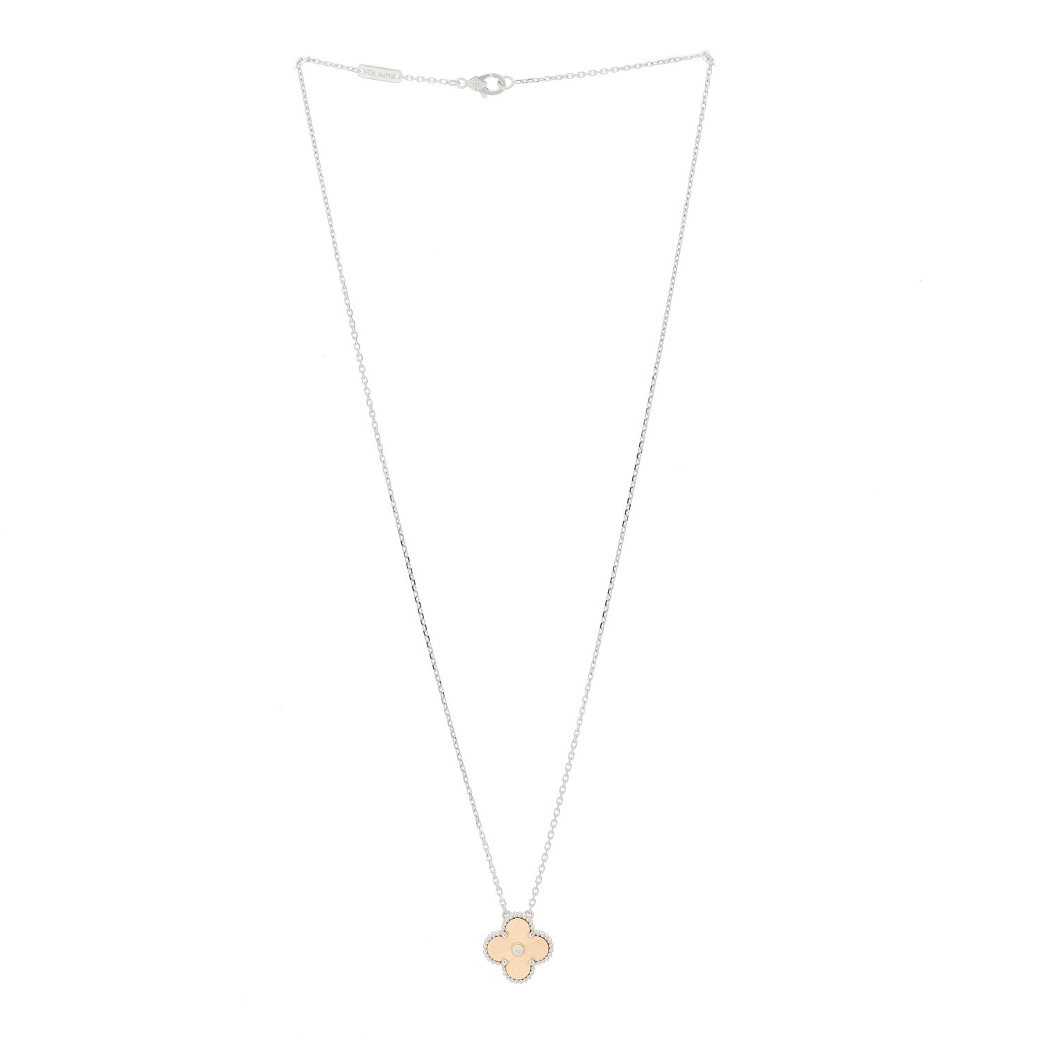 Van Cleef & Arpels 18K White Rose Gold Diamond Guilloche Vintage Alhambra Pendant Necklace 3 of 5