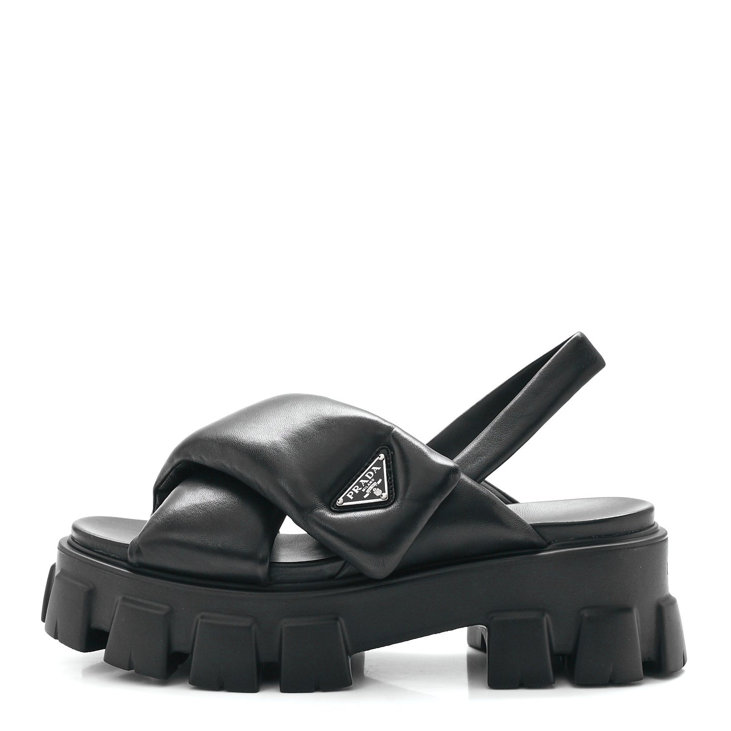Nappa Soft Metal Triangle Logo Padded Monolith 55mm Slingback Sandals 41 Black