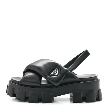 Prada Nappa Soft Metal Triangle Logo Padded Monolith 55mm Slingback Sandals 41 Black 1 of 9