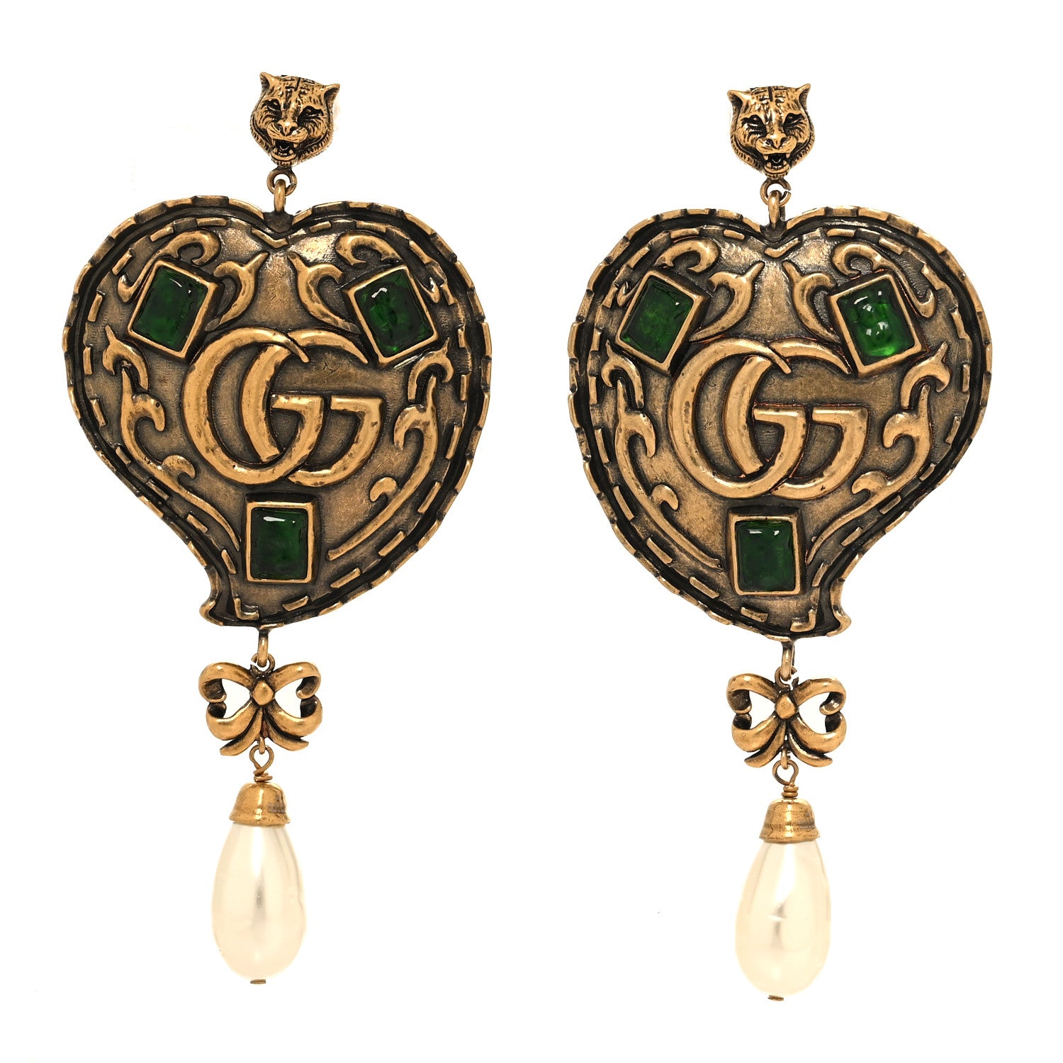 Gucci Metal Pearl Resin Heart Double G Drop Earrings Aged Gold Green 1 of 5