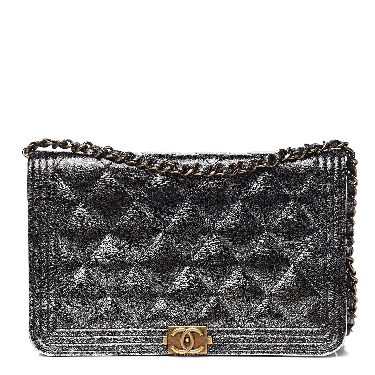 Cracked Metallic Calfskin Quilted Boy Wallet On Chain WOC Dark Silver