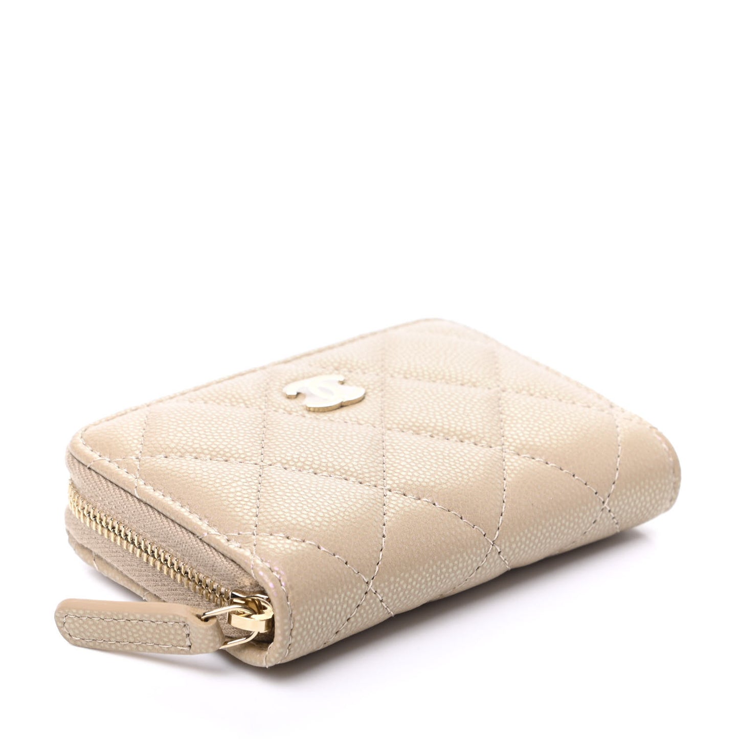 Iridescent Caviar Quilted Zip Around Coin Purse Beige