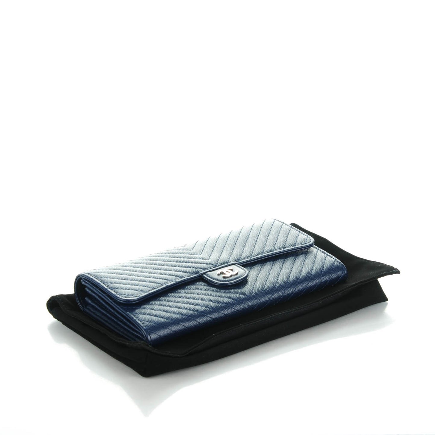 Caviar Chevron Quilted Large Flap Wallet Navy