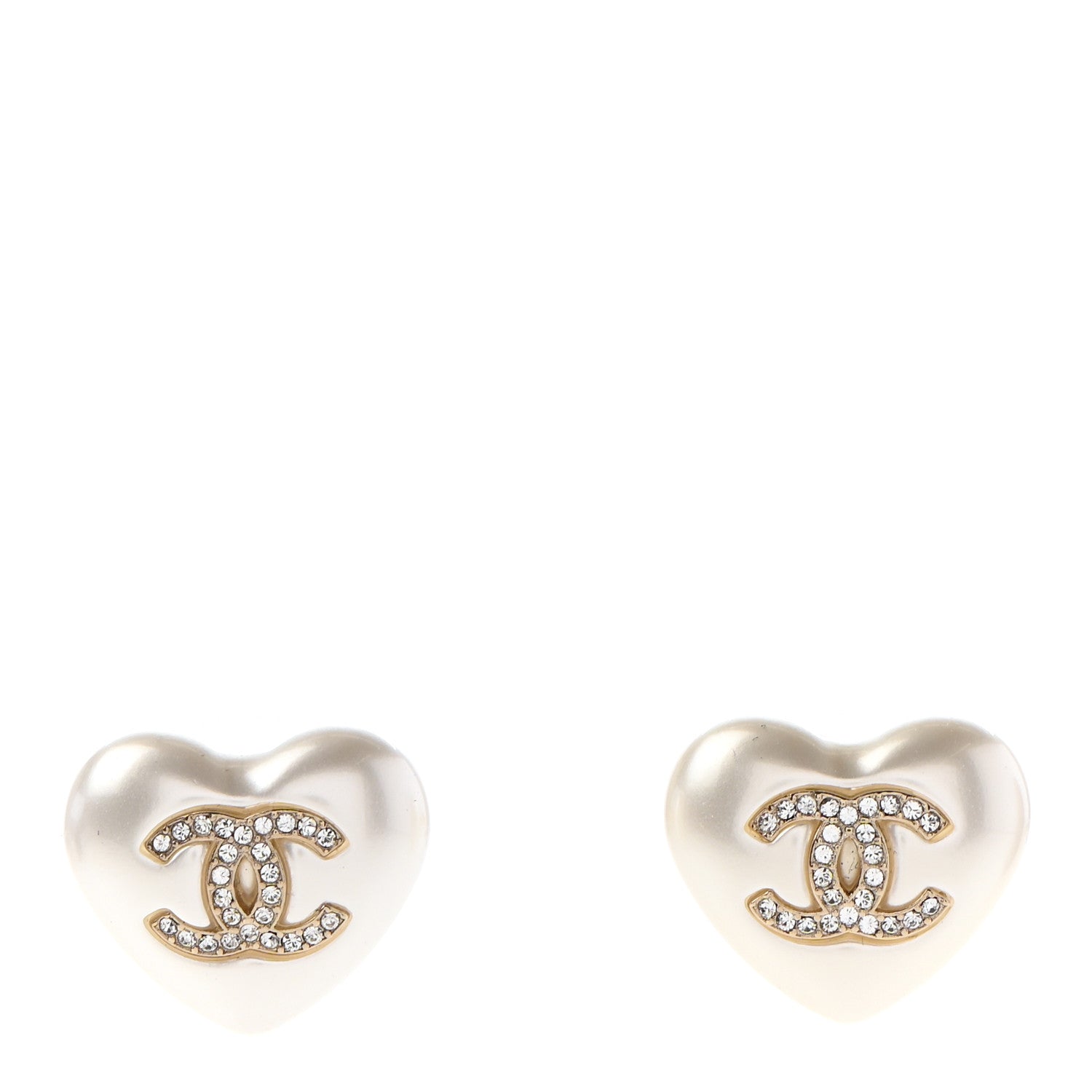 Chanel Pearl Crystal CC Heart Earrings Gold 1 of 4