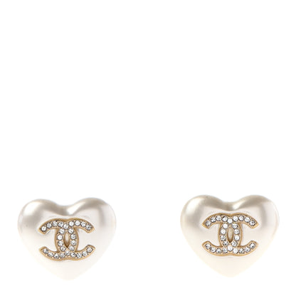 Chanel Pearl Crystal CC Heart Earrings Gold 1 of 4