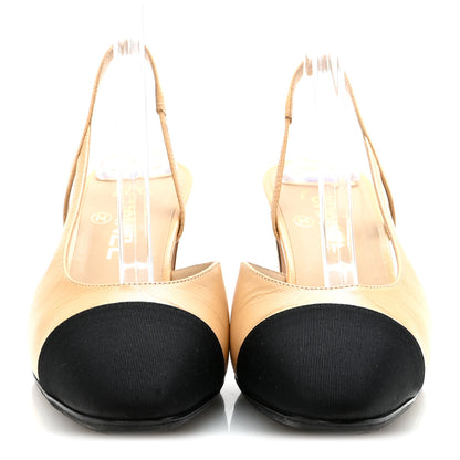 Chanel Goatskin Grosgrain Cap Toe CC Slingback Pumps 39 Beige Black 3 of 10