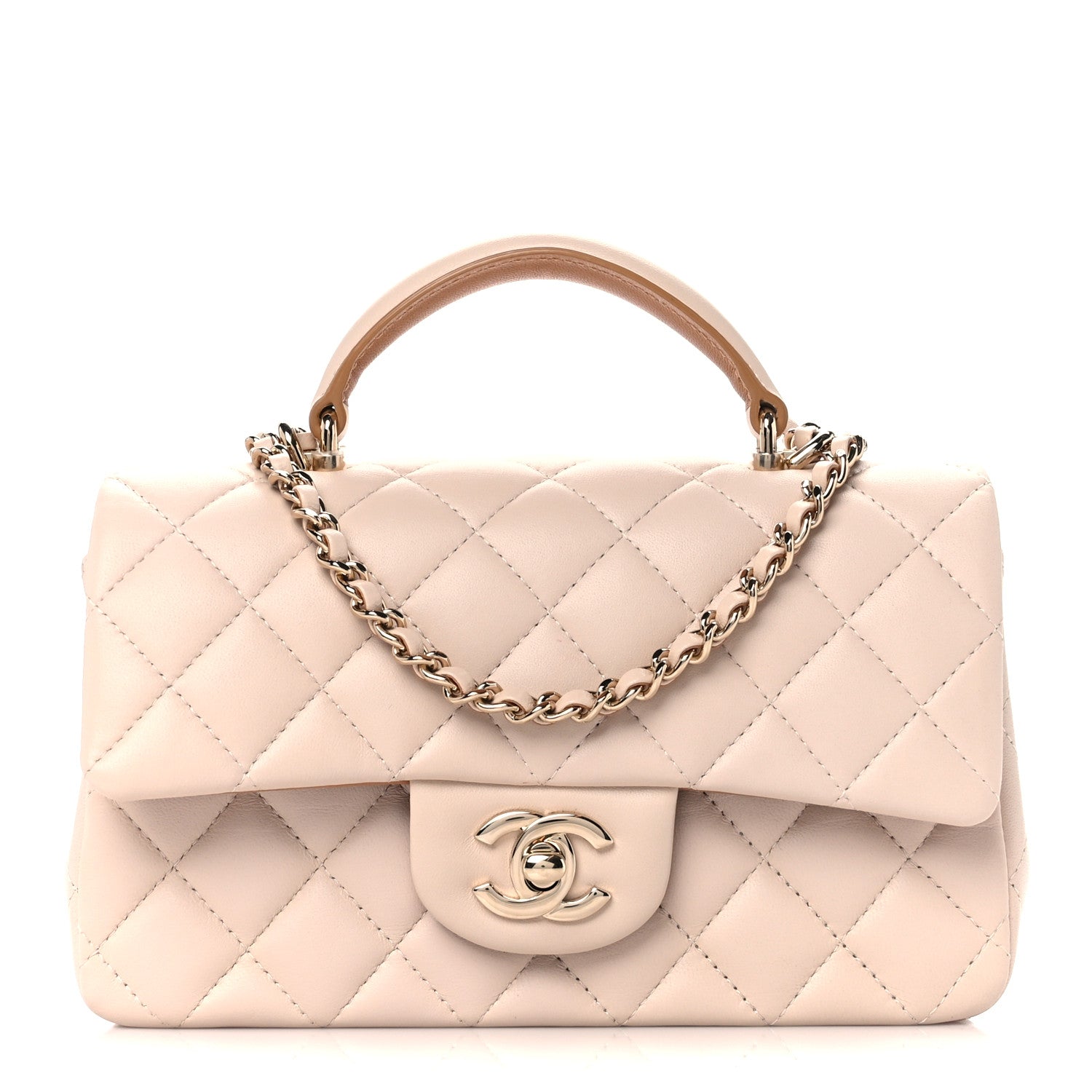 Chanel Lambskin Quilted Bi-Color Mini Top Handle Rectangular Flap Ecru Dark Beige 1 of 12