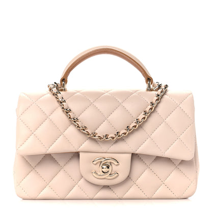 Chanel Lambskin Quilted Bi-Color Mini Top Handle Rectangular Flap Ecru Dark Beige 1 of 12