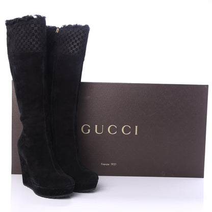 Gucci Suede Shearling Fur Microguccissima Courtney Tall Wedge Boots 38.5 Black 7 of 7