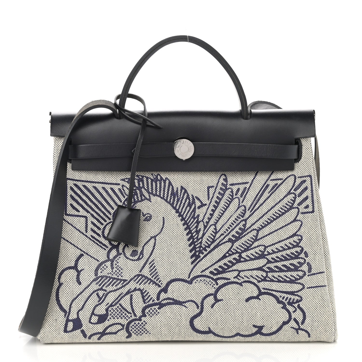 Hermes Vache Hunter Toile H Pegase Pop Herbag Zip Retourne 31 PM Bleu Indigo Ecru Black 3 of 12