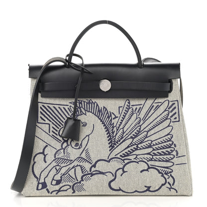 Hermes Vache Hunter Toile H Pegase Pop Herbag Zip Retourne 31 PM Bleu Indigo Ecru Black 3 of 12