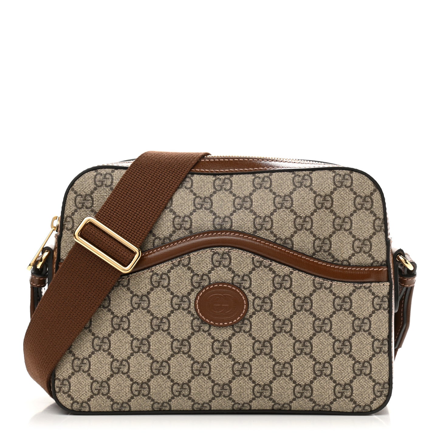 GG Supreme Monogram Azalea Calfskin Retro Interlocking G Messenger Shoulder Bag Beige Ebony Brown Sugar