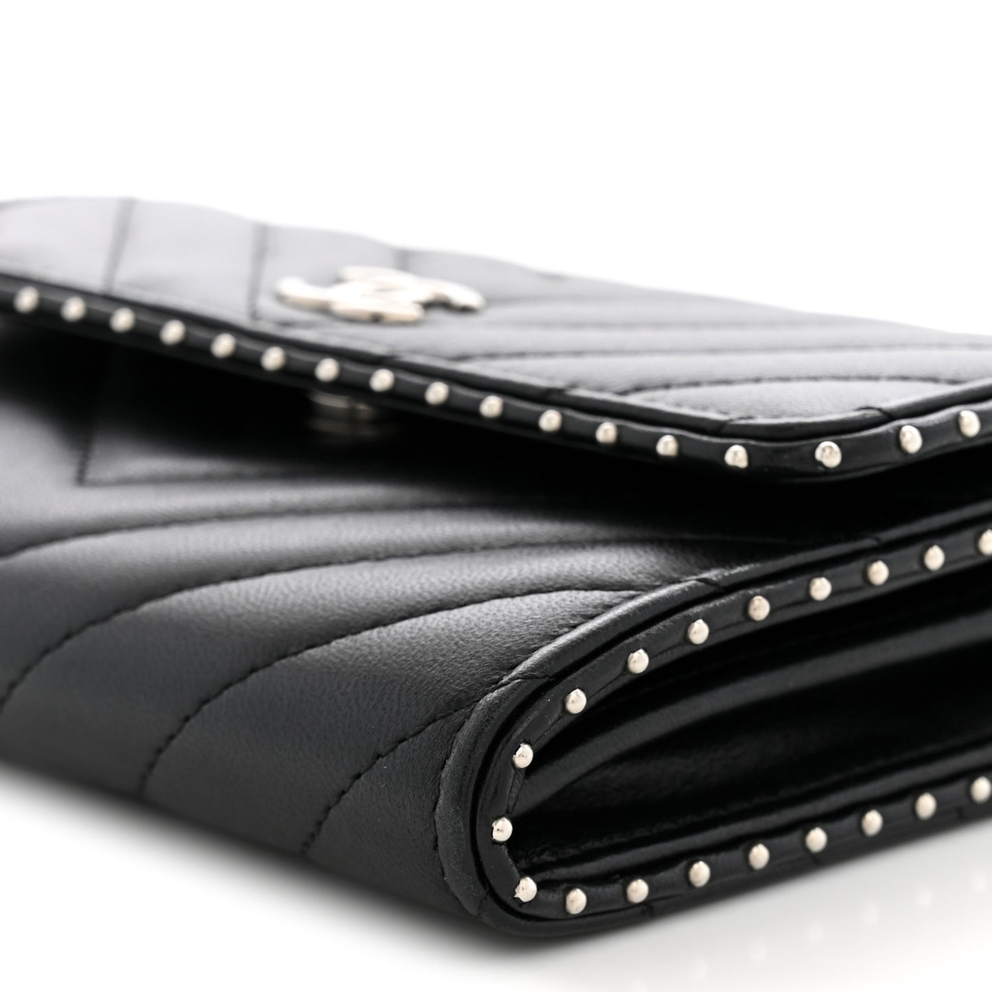 Lambskin Chevron Quilted Studded Wallet On Chain WOC Black