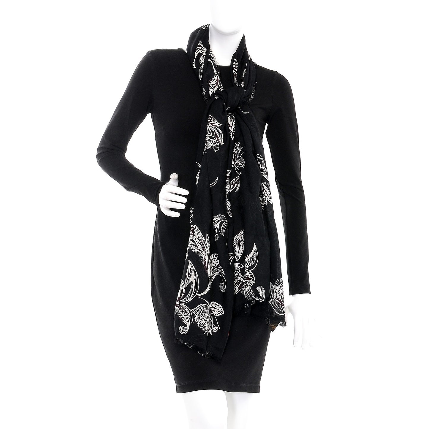 Silk Wool Cashmere Macro Indian Flower Stole Black