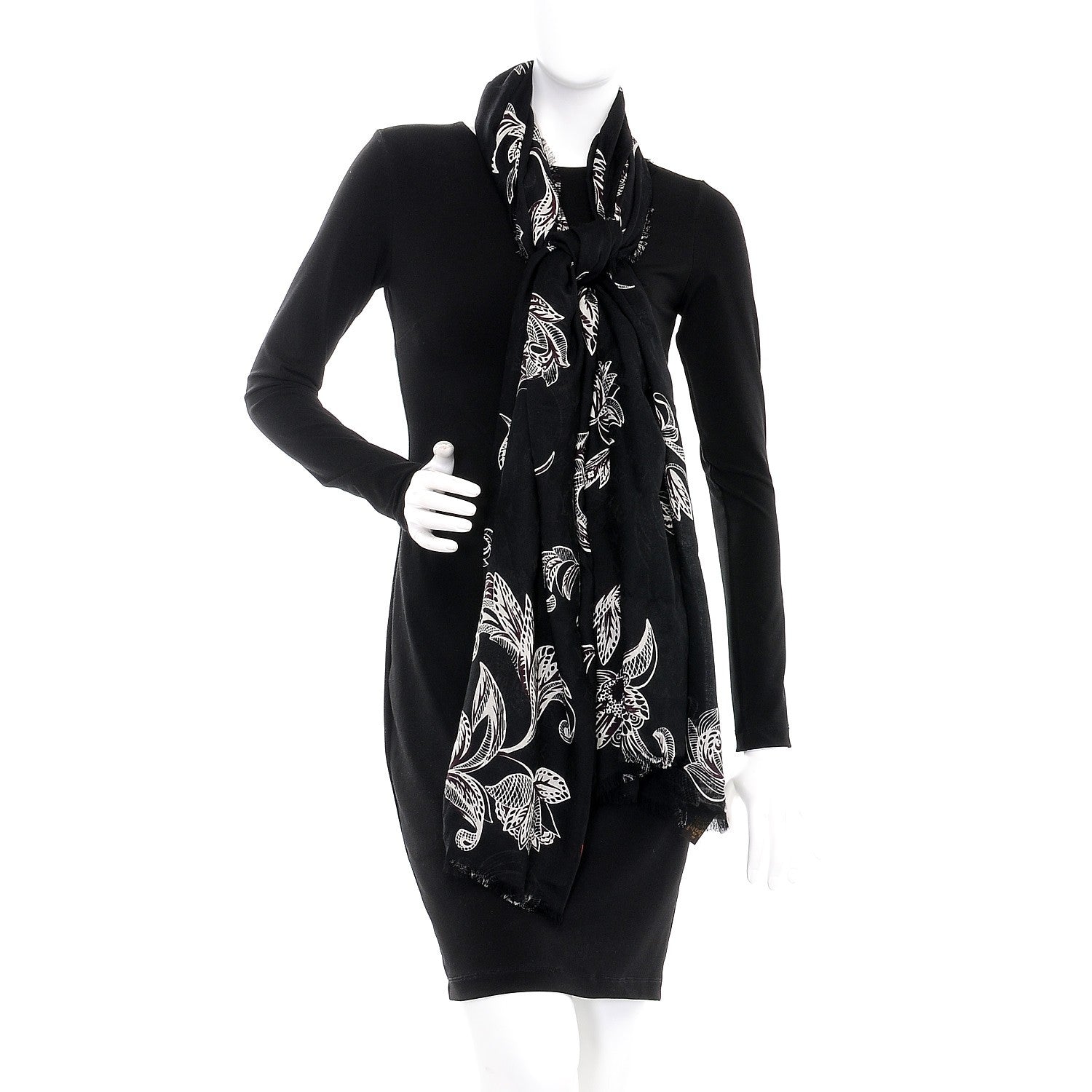 Louis Vuitton Silk Wool Cashmere Macro Indian Flower Stole Black 2 of 6