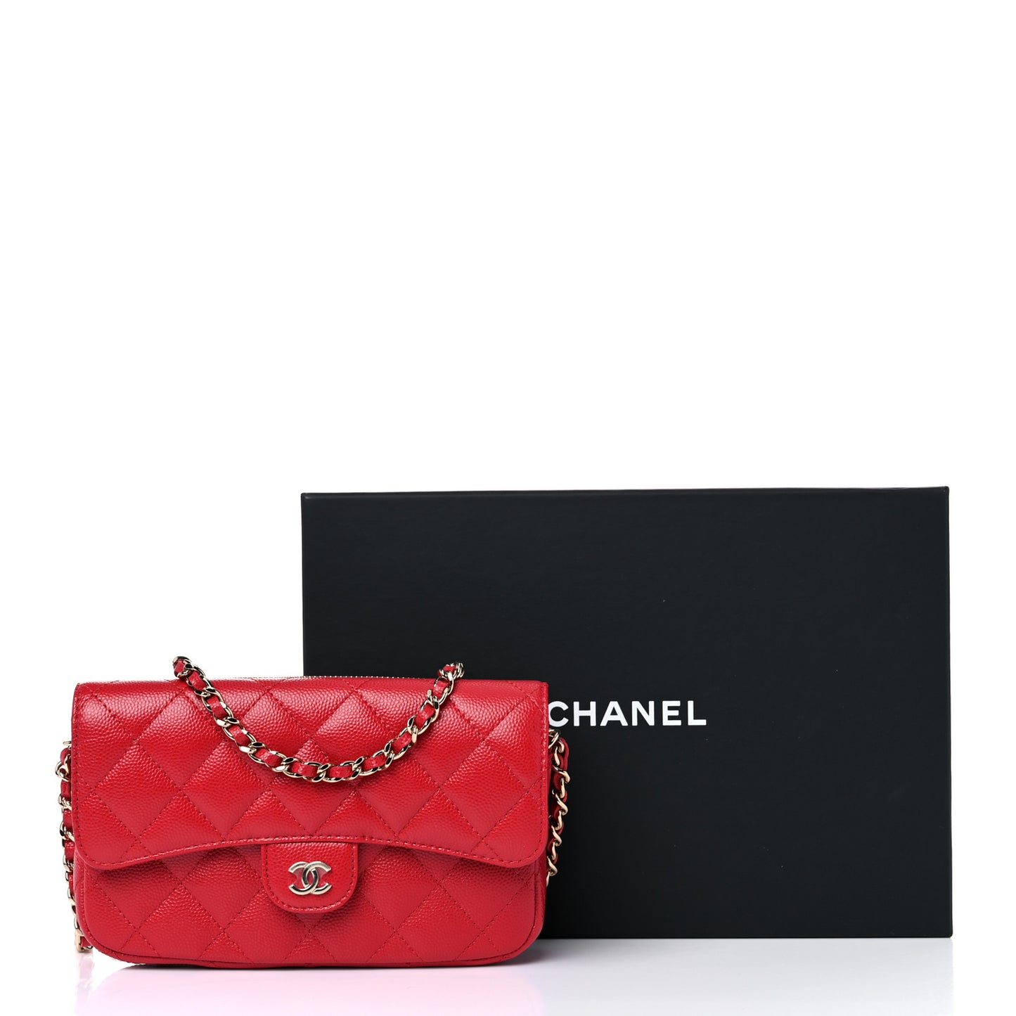 Caviar Quilted Flap Phone Holder With Chain Red