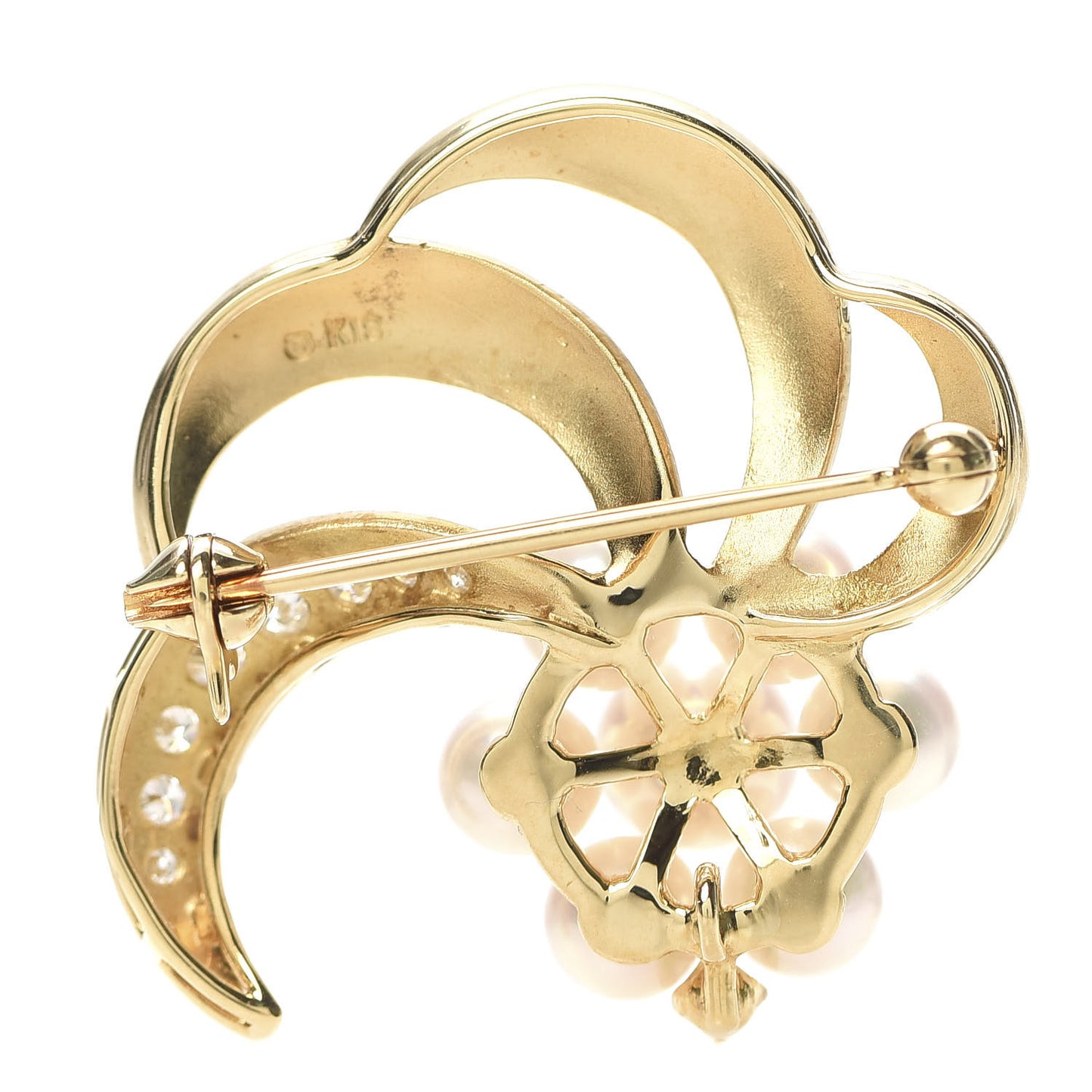 18K Yellow Gold Diamond Akoya Pearl 4.5-6mm Flower Brooch Pin