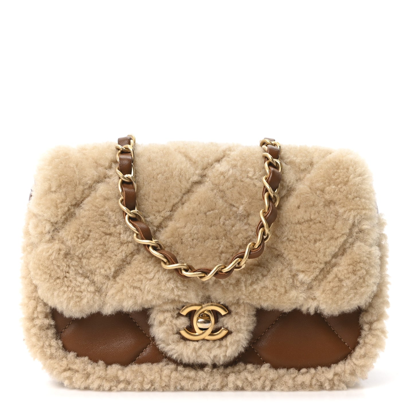 Shearling Lambskin Quilted Mini Furry Coco Flap Beige Dark Brown