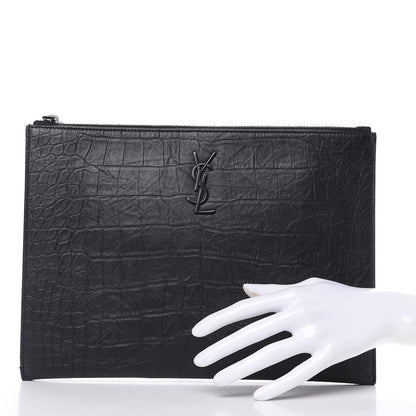 Saint Laurent Calfskin Crocodile Embossed Monogram iPad Case Black 2 of 12