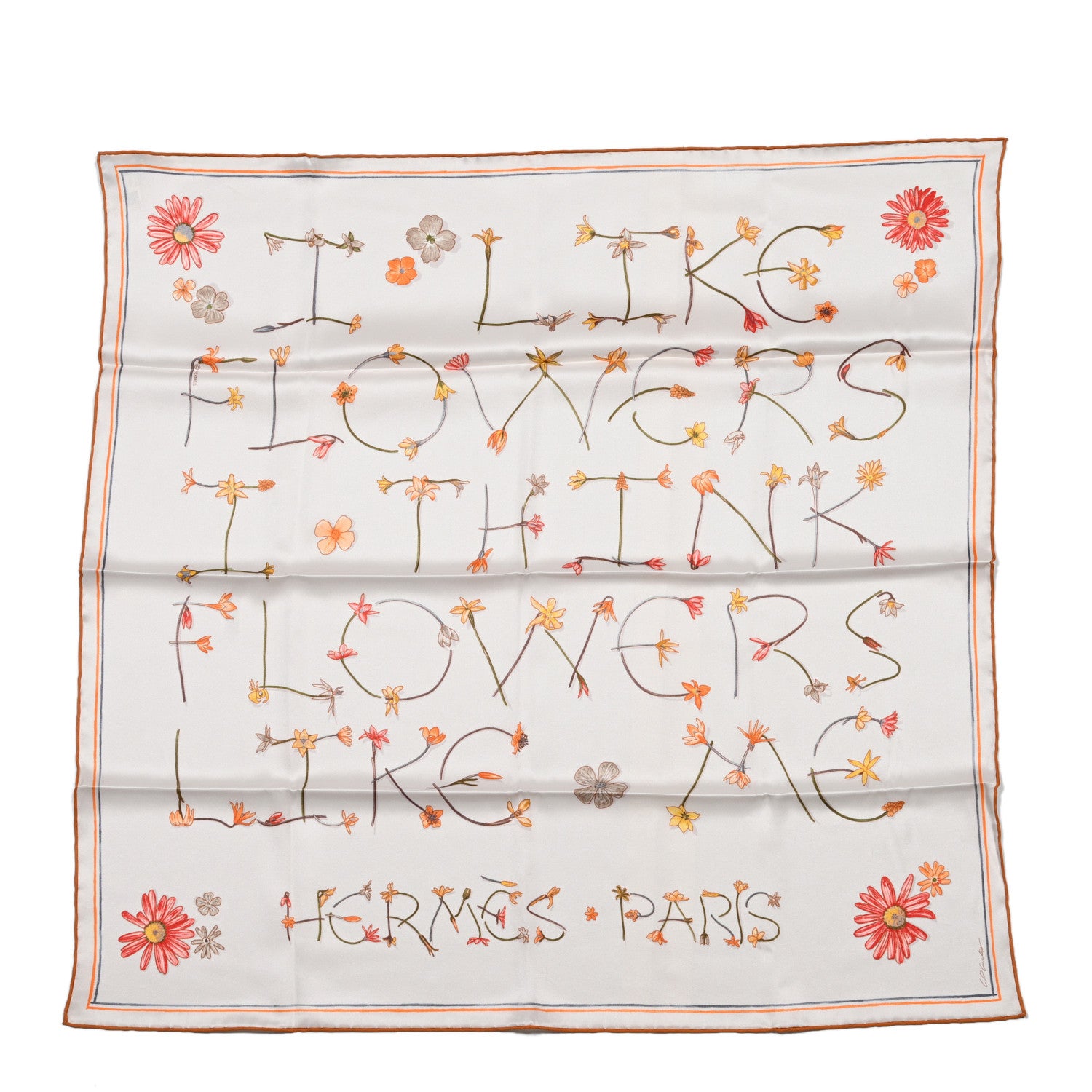 Hermes Silk I Like Flowers Scarf 90 Creme Orange Brun 1700498