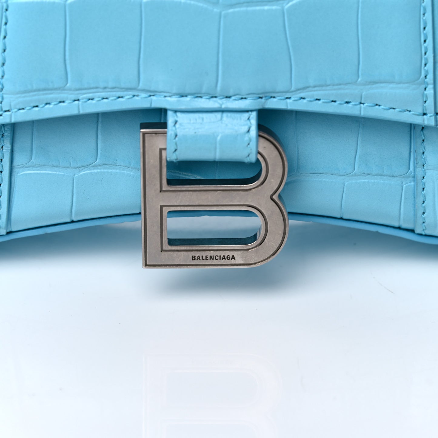Shiny Calfskin Crocodile Embossed Hourglass Top Handle Bag XS Azur