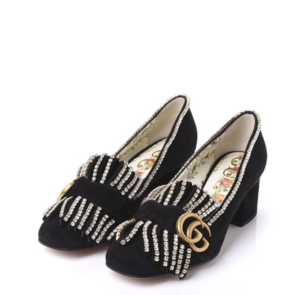 Gucci Kid Scamosciato Crystal GG Marmont Fringe 50mm Loafer Pumps 36 Black 3 of 8