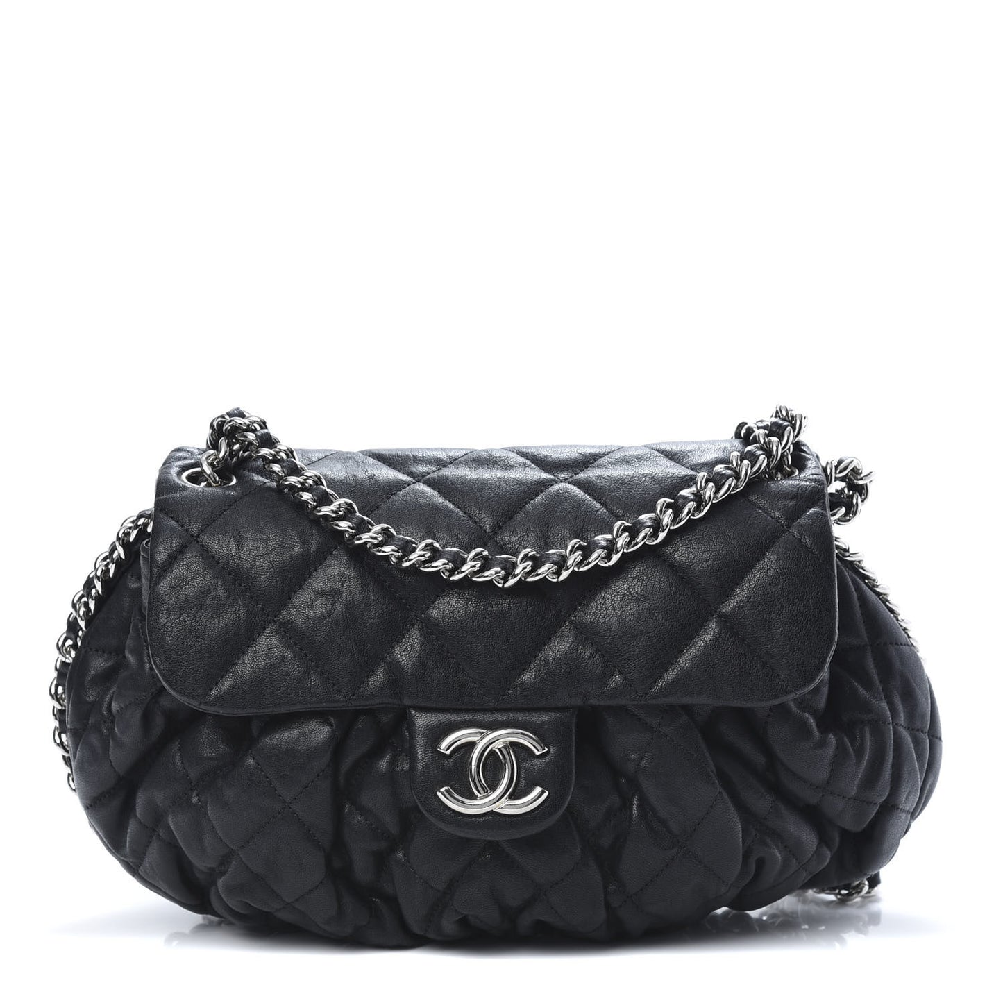 Washed Lambskin Quilted Medium Chain Around Messenger Black
