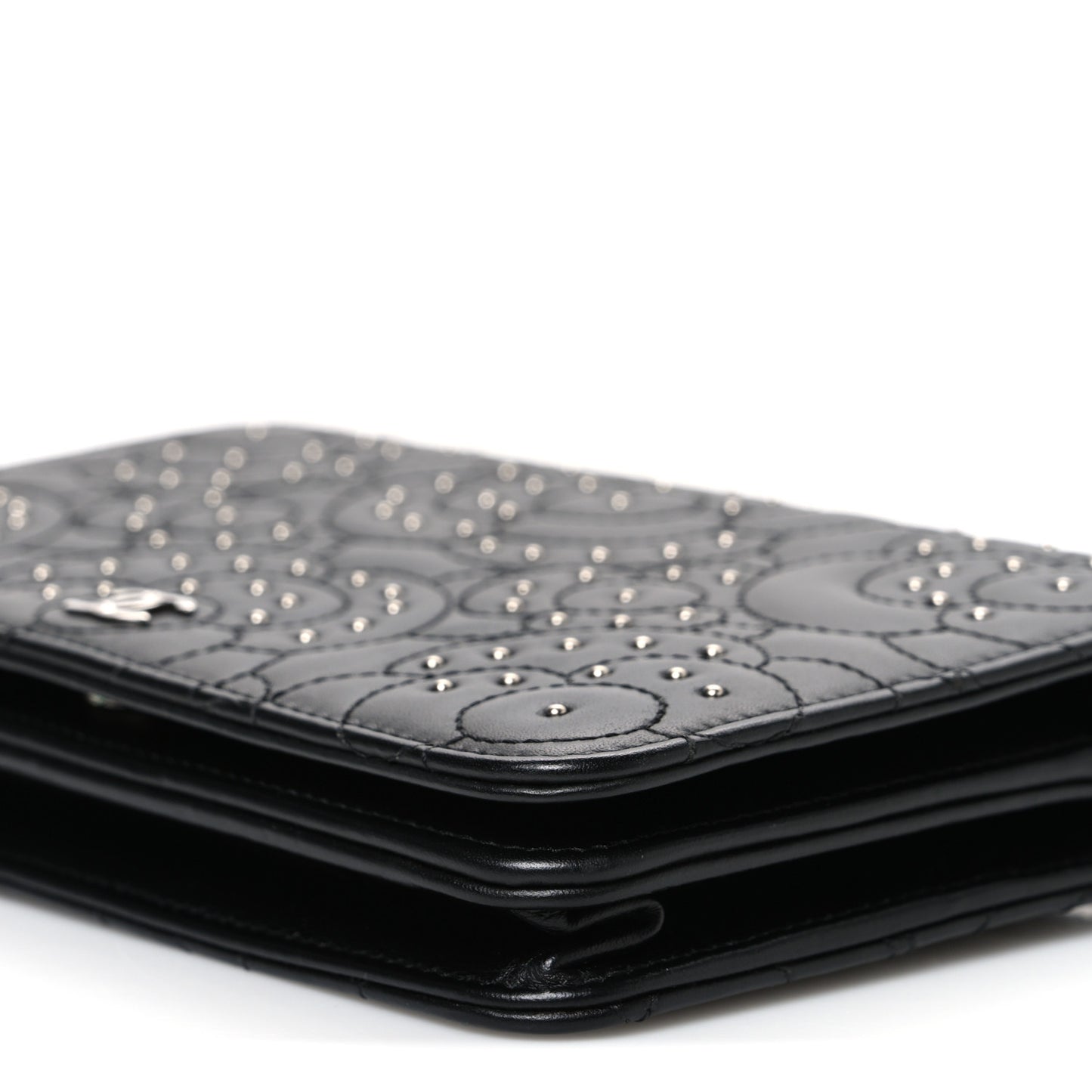 Lambskin Camellia Studded Wallet on Chain WOC Black