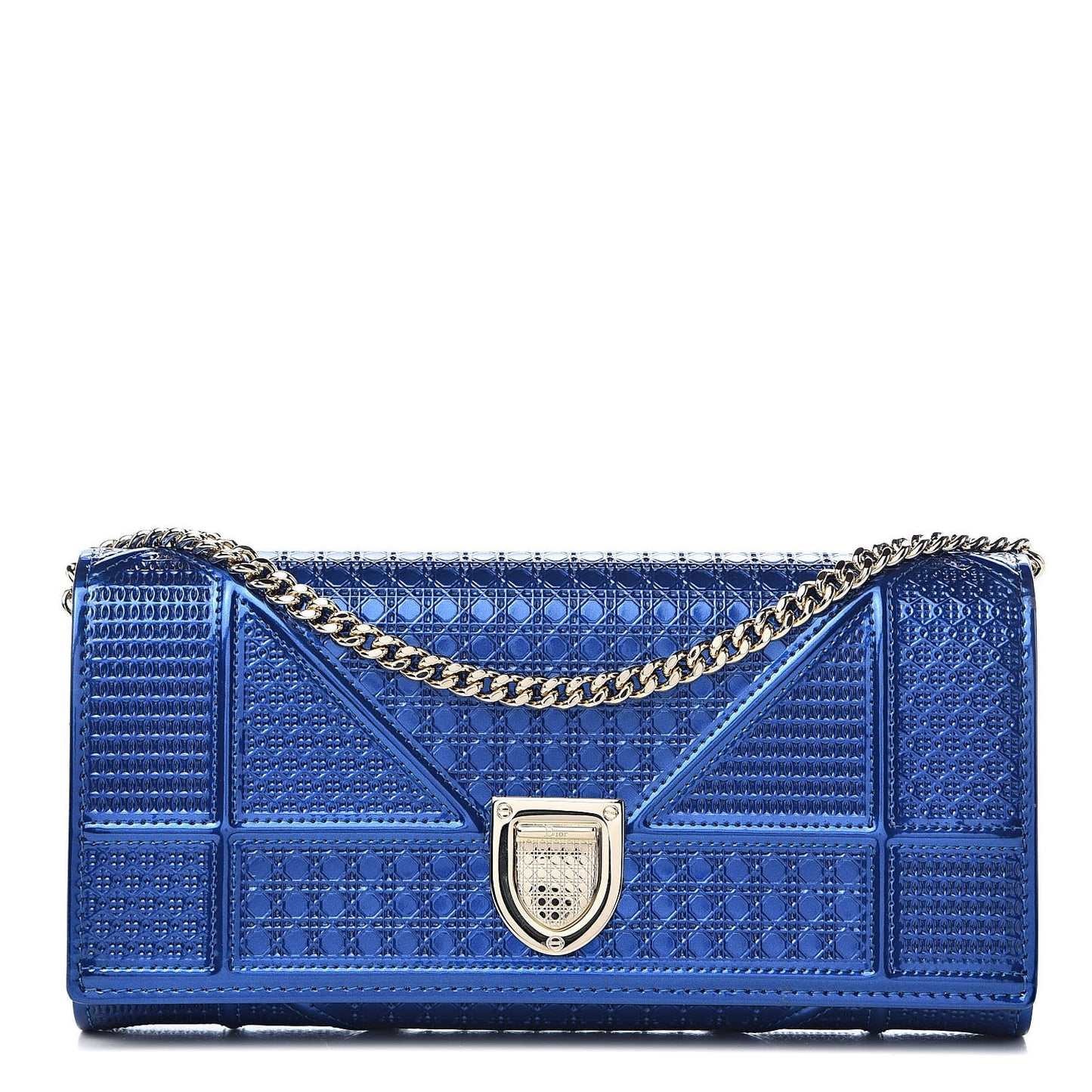 Metallic Patent Micro-Cannage Diorama Croisiere Chain Wallet Blue
