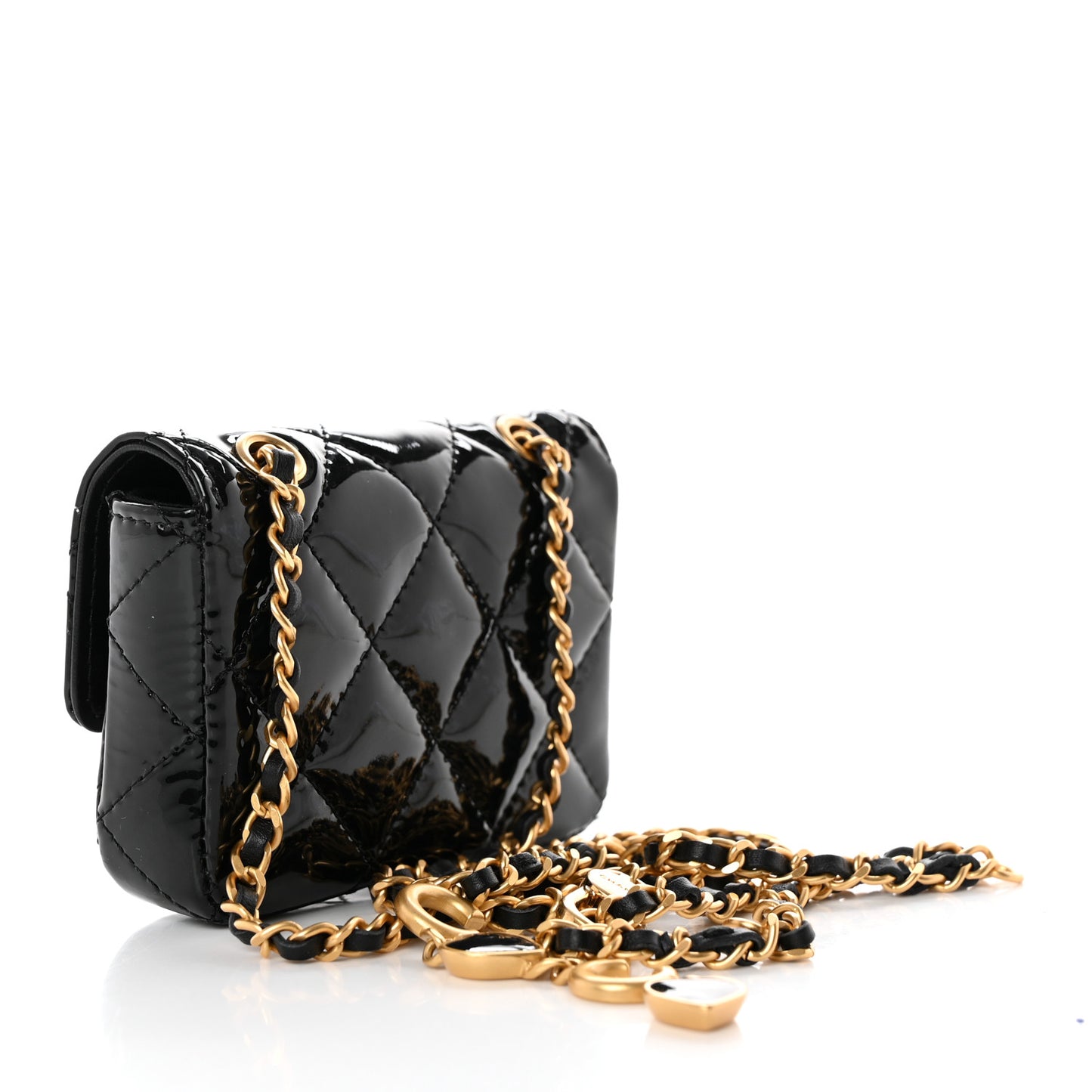 Patent Enamel Quilted Mini Chain Flap Black