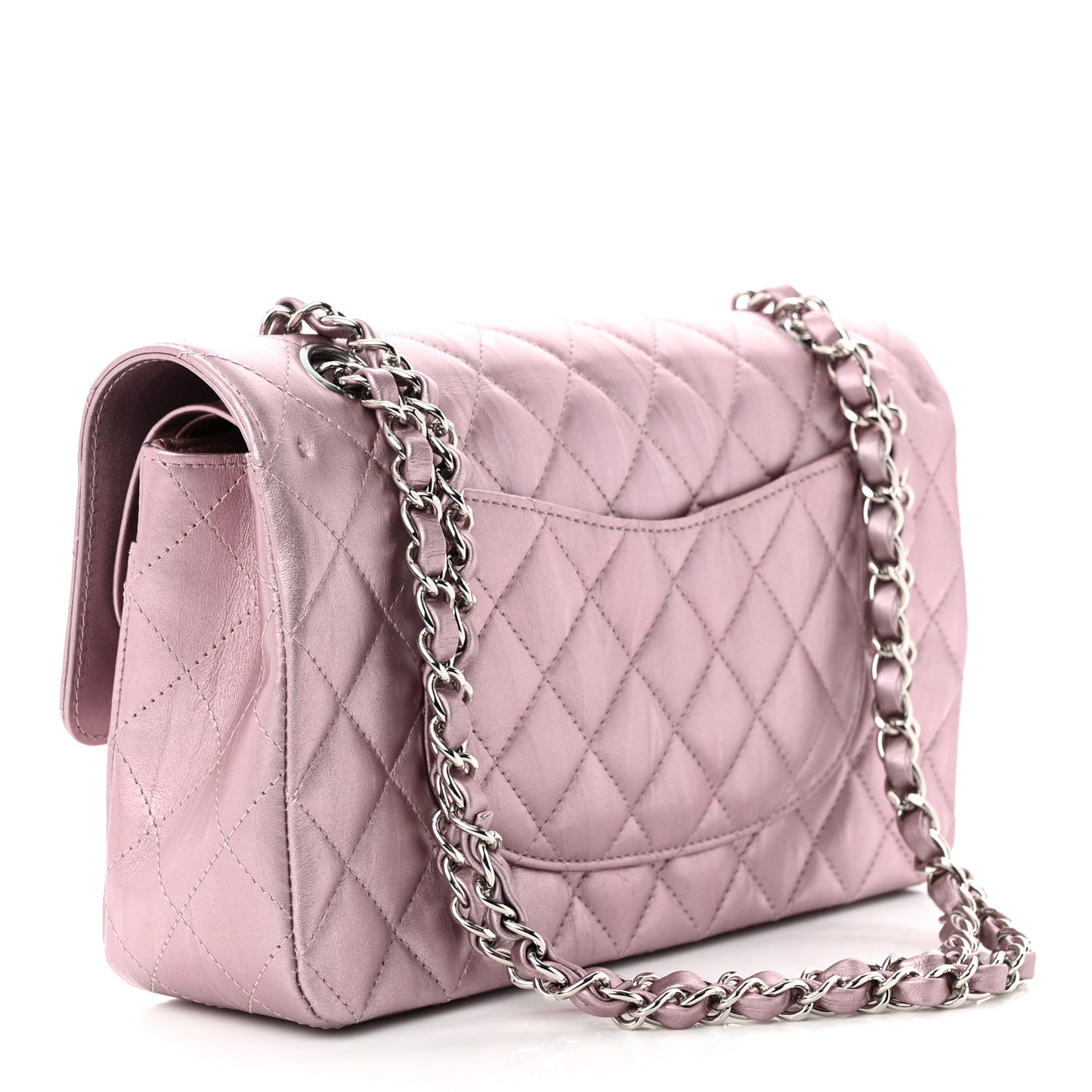 Metallic Calfskin Quilted Medium Double Flap Purple