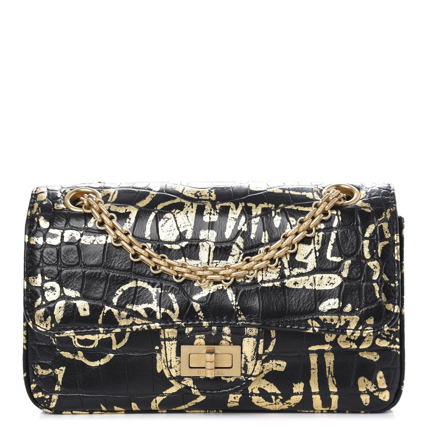 Chanel Calfskin Crocodile Embossed Graffiti 2.55 Mini Cocodile Reissue Flap Black Gold 1 of 10