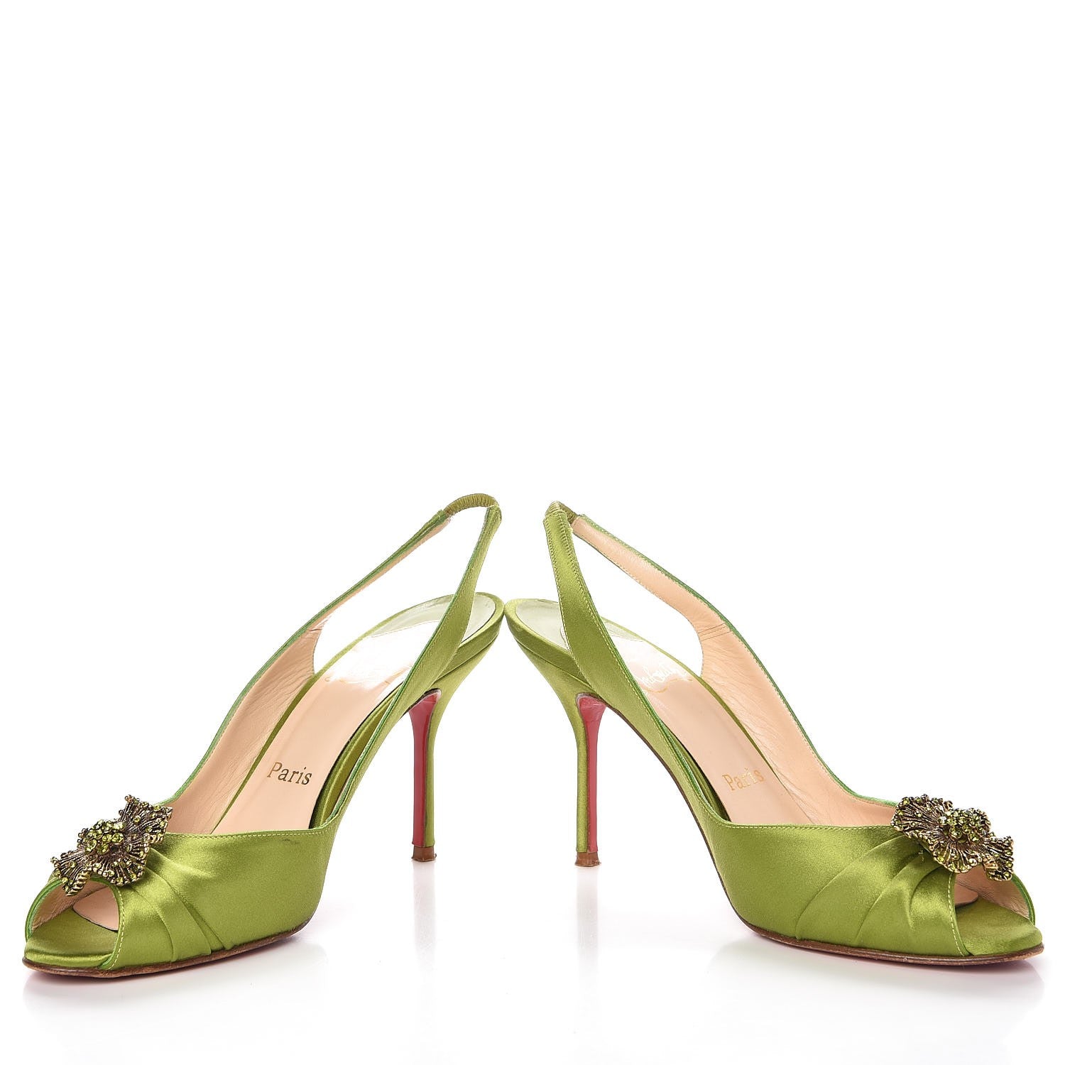 Christian Louboutin Satin Fiorellino Peep Toe Slingback 37.5 Green 6 of 16
