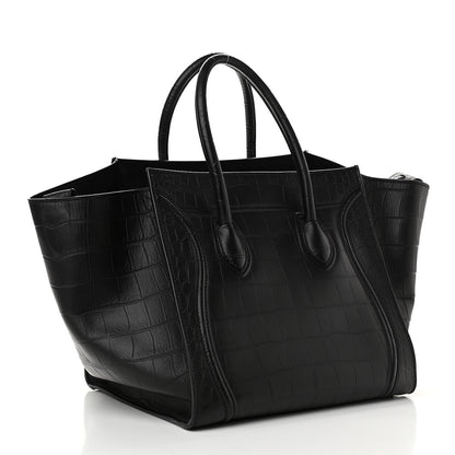 Celine Calfskin Crocodile Embossed Medium Phantom Luggage Black 3 of 10