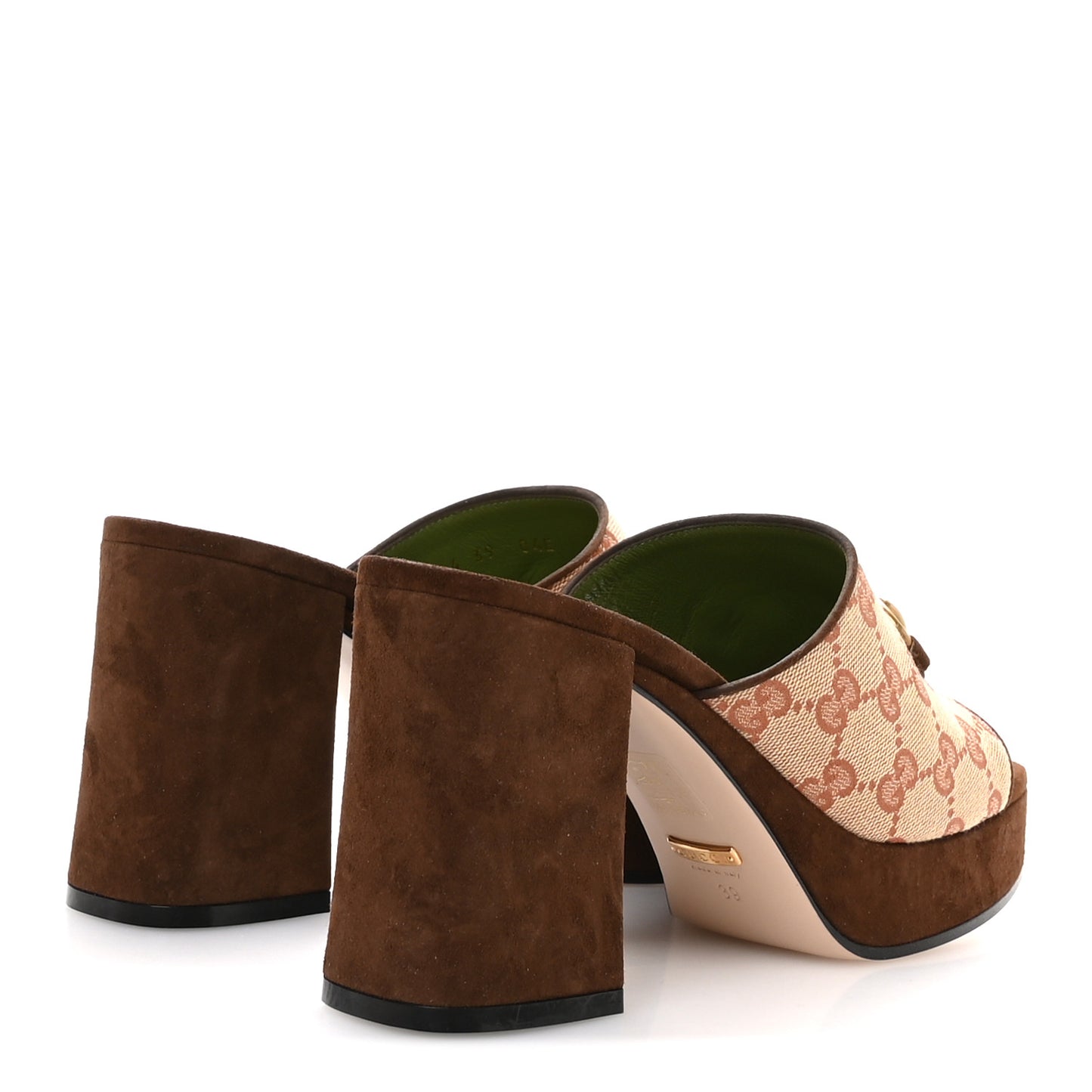 GG Monogram Kid Scamosciato Houdan Mid Heel Platform Slide Sandals 39 Beige Ruggine Maroon