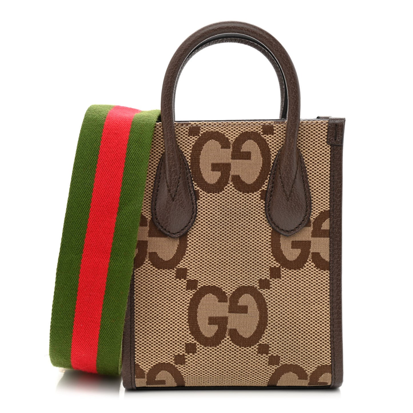 Monogram Jumbo GG Textured Dollar Calfskin Web Mini Vertical Tote Camel Ebony New Acero