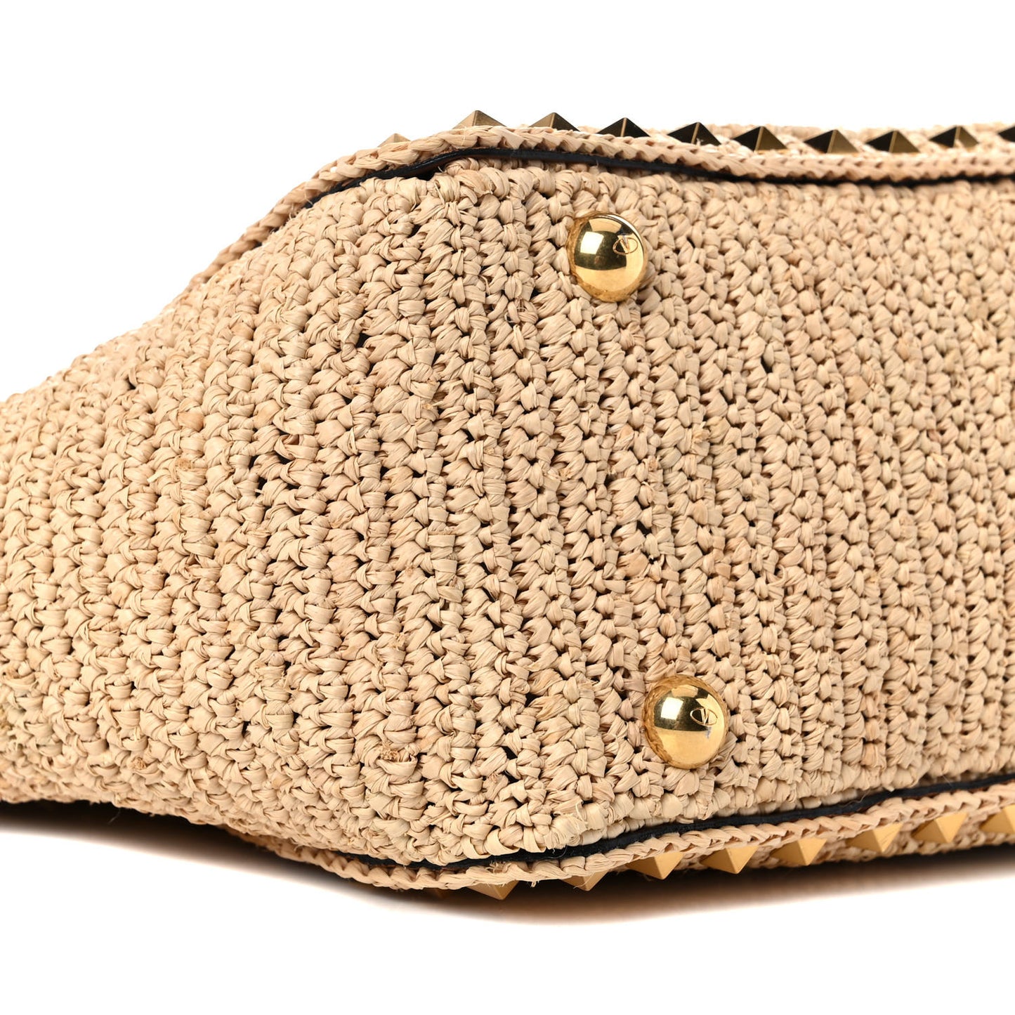 Raffia Calfskin Small Rockstud Tote Naturale Saddle Brown
