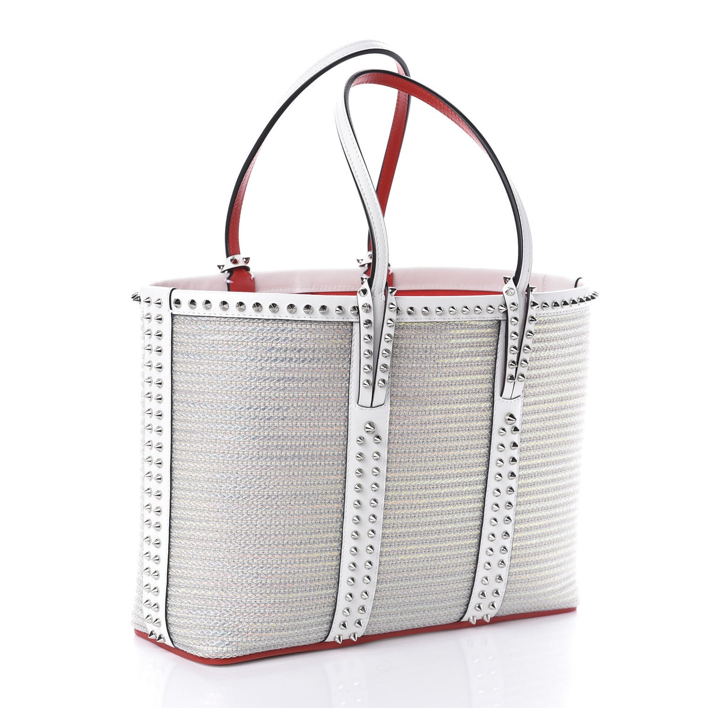 Calfskin Metallic Straw Spikes East West Cabata Tote White