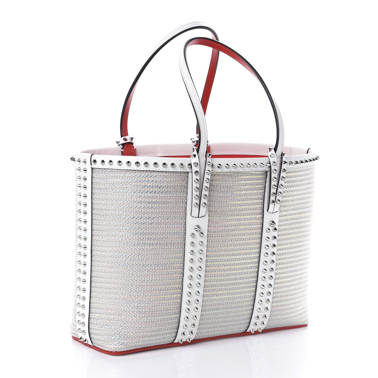 Christian Louboutin Calfskin Metallic Straw Spikes East West Cabata Tote White 3 of 9