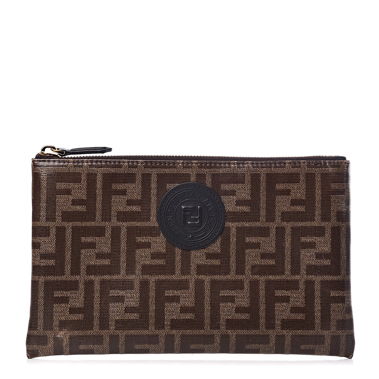 Glazed Fabric Vitello Century FF 1974 Stamp Patch Small FFreedom Flat Pouch Mogano Panna Black