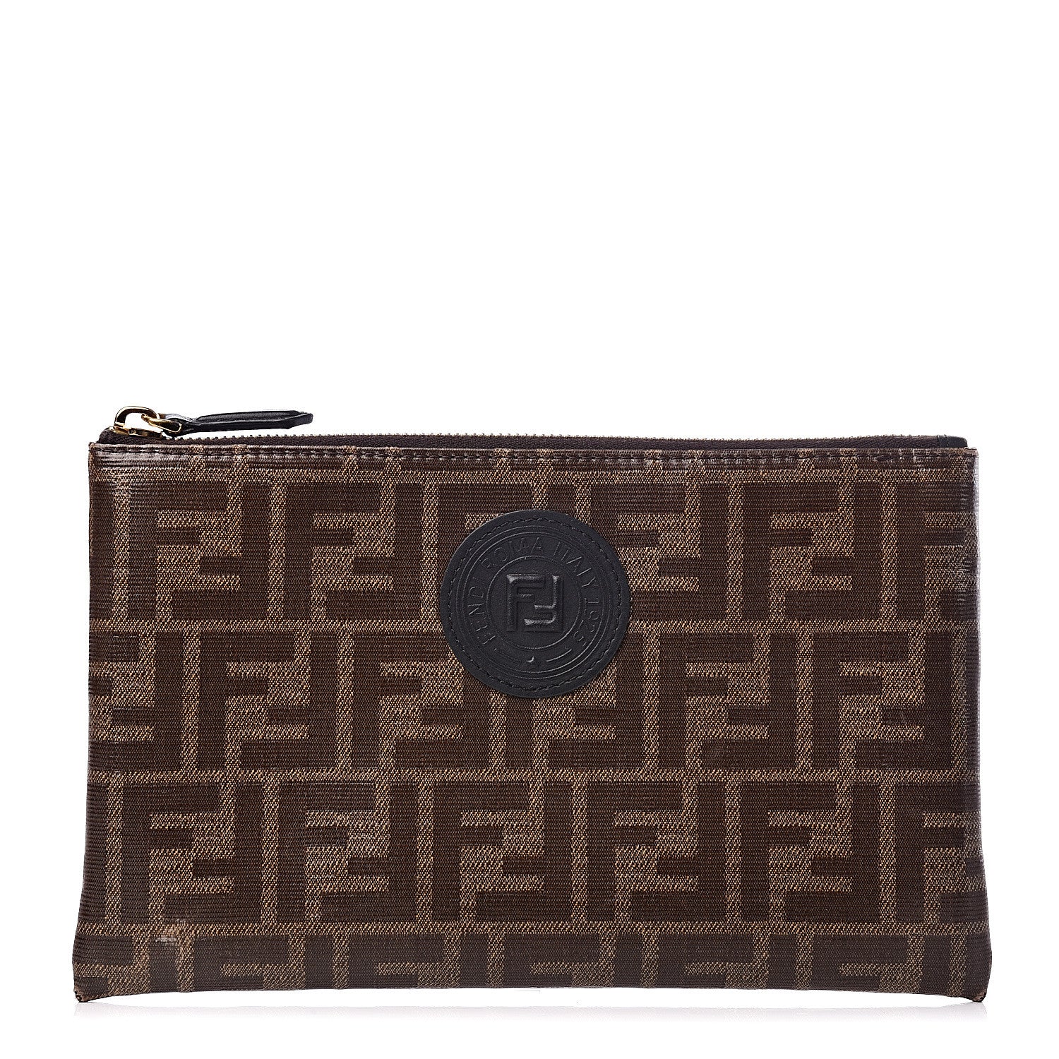 Fendi Glazed Fabric Vitello Century FF 1974 Stamp Patch Small FFreedom Flat Pouch Mogano Panna Black 1 of 8