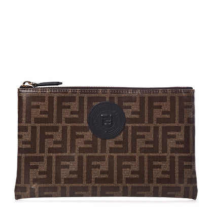 Fendi Glazed Fabric Vitello Century FF 1974 Stamp Patch Small FFreedom Flat Pouch Mogano Panna Black 1 of 8